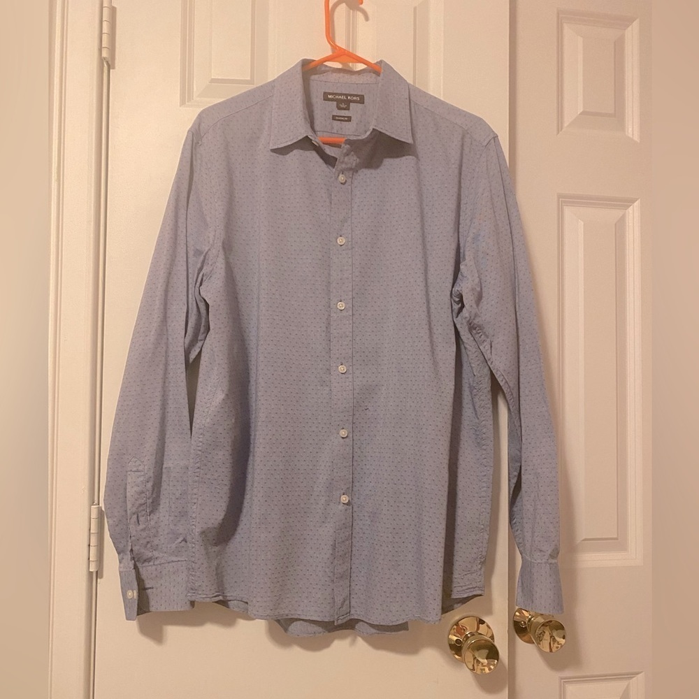 Michael Kors Men Light Blue Polka Dot Button Down classic Fit Dress Shirt Sz L